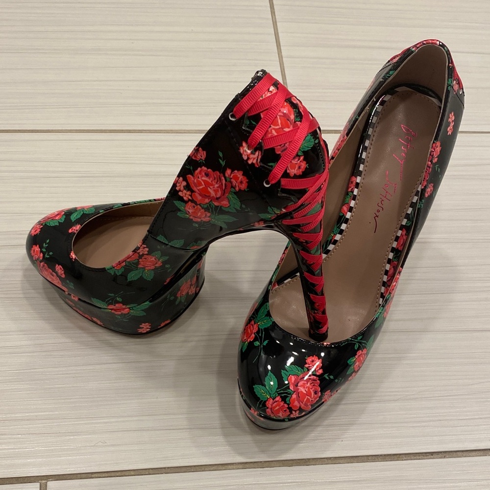 Betsey Johnson Floral Platform Heels Lace-Up Stiletto Size 7.5 Rockabilly Pin-Up - Picture 8 of 14
